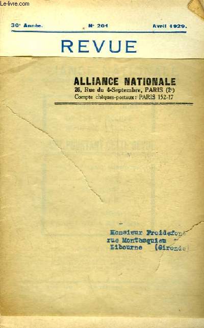 REVUE DE L'ALLIANCE NATIONALE - 30 ANNEE - N201