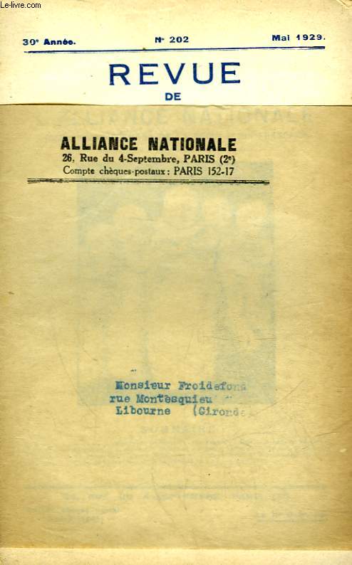 REVUE DE L'ALLIANCE NATIONALE - 30 ANNEE - N202