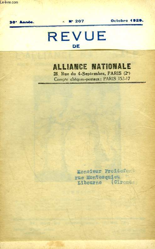 REVUE DE L'ALLIANCE NATIONALE - 30 ANNEE - N207