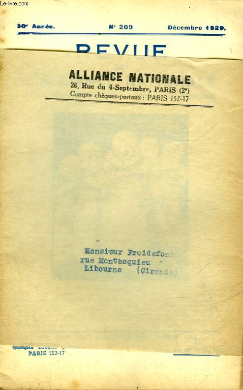 REVUE DE L'ALLIANCE NATIONALE - 30 ANNEE - N209