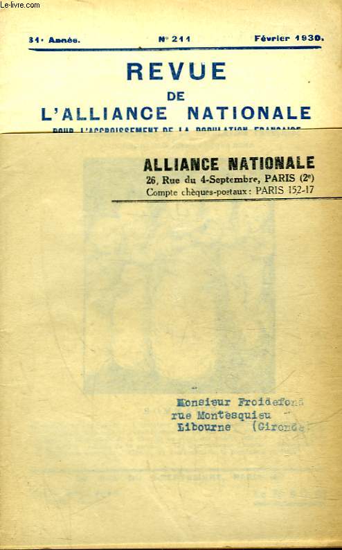 REVUE DE L'ALLIANCE NATIONALE - 31 ANNEE - N211