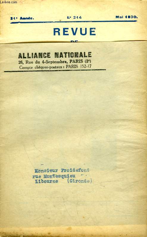 REVUE DE L'ALLIANCE NATIONALE - 31 ANNEE - N214