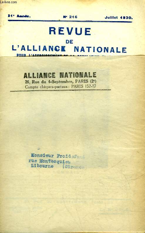REVUE DE L'ALLIANCE NATIONALE - 31 ANNEE - N216