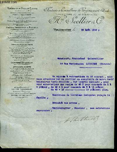 1 FACTURE ANCIENNE - HENRY SCELLIER ET CIE - FONDERIE ET EMAILLERIE DE VOUJAUCOURT