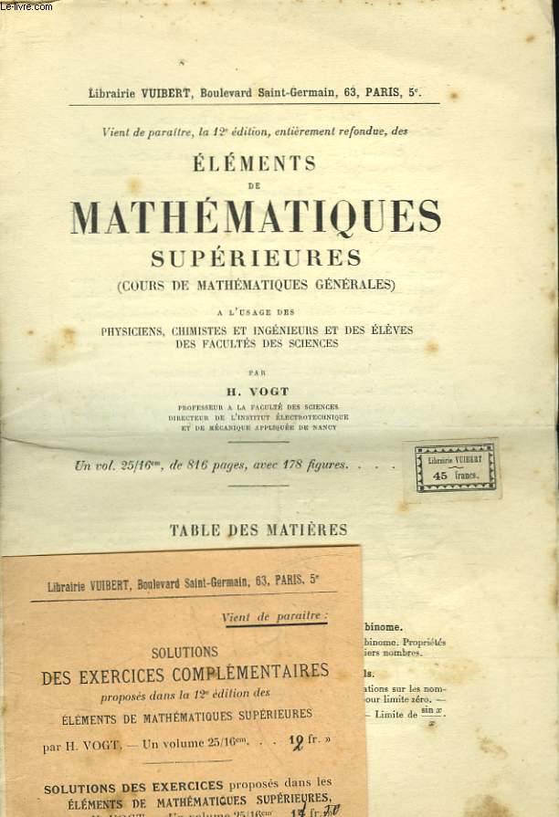 ELEMENTS DE MATHEMATIQUES SUPERIEURES - COURS DE MATHEMATIQUES GENERALE