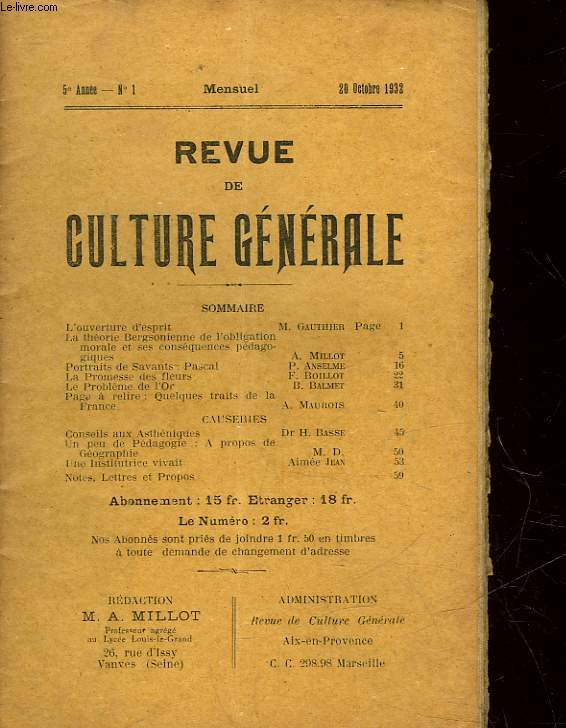 REVUE DE CULTURE GENERALE - 5 ANNEE - N1