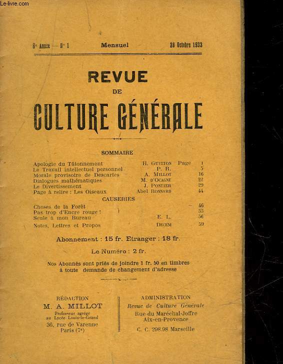 REVUE DE CULTURE GENERALE - 6 ANNEE - N1