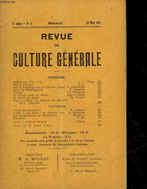 REVUE DE CULTURE GENERALE - 6 ANNEE - N 6