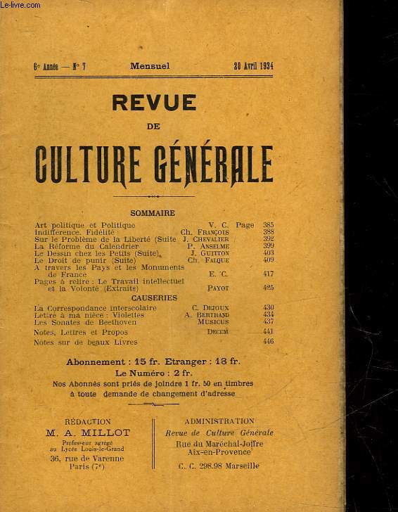 REVUE DE CULTURE GENERALE - 6 ANNEE - N 7