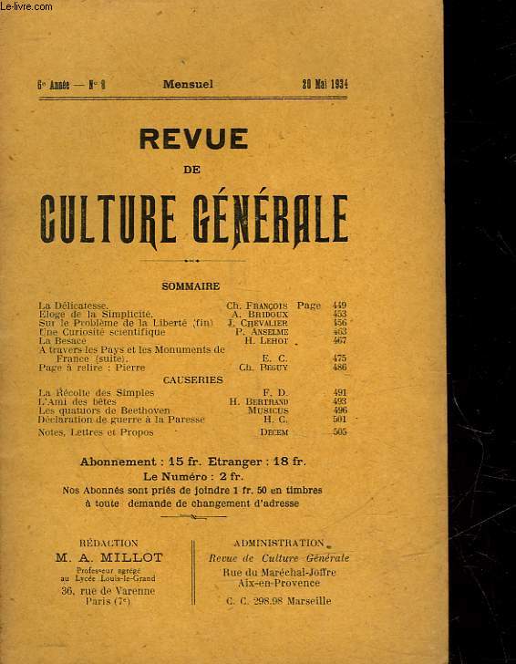 REVUE DE CULTURE GENERALE - 6 ANNEE - N 8