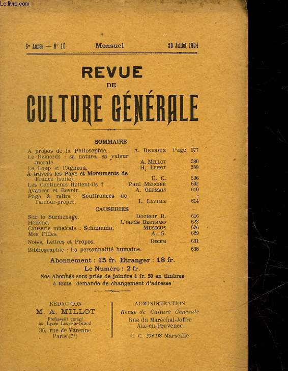 REVUE DE CULTURE GENERALE - 6 ANNEE - N 10