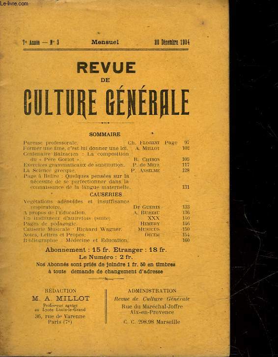 REVUE DE CULTURE GENERALE - 7 ANNEE - N 1