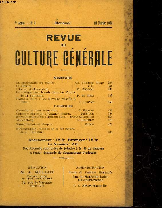 REVUE DE CULTURE GENERALE - 7 ANNEE - N 5
