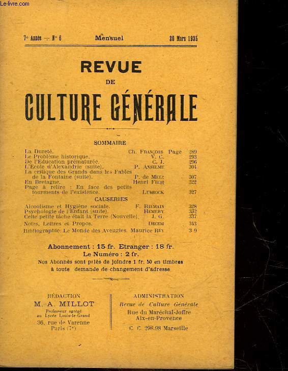 REVUE DE CULTURE GENERALE - 7 ANNEE - N 6