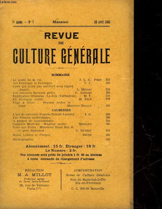 REVUE DE CULTURE GENERALE - 7 ANNEE - N 7