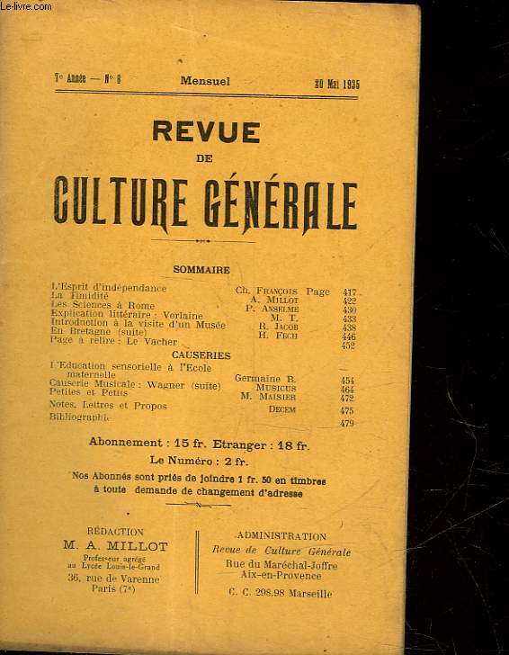 REVUE DE CULTURE GENERALE - 7 ANNEE - N 8