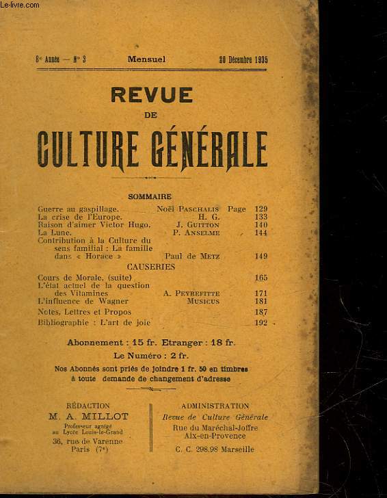 REVUE DE CULTURE GENERALE - 8 ANNEE - N 3