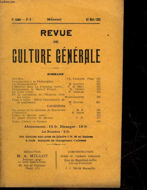 REVUE DE CULTURE GENERALE - 8 ANNEE - N 6
