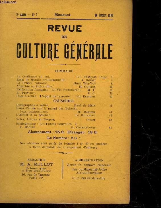 REVUE DE CULTURE GENERALE - 9 ANNEE - N1