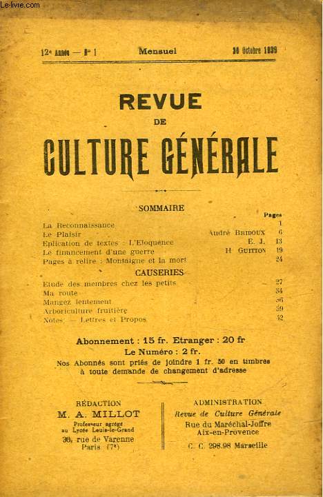 REVUE DE CULTURE GENERALE - 12 ANNEE - N 1