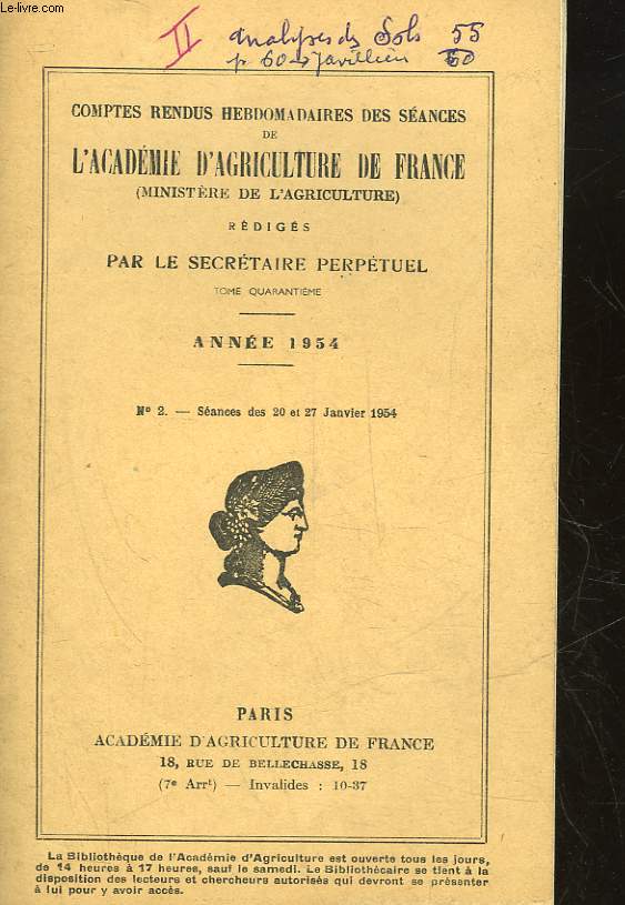 COMPTES RENDUS HEBDOMADAIRES DES SEANCES DE L'ACADEMIE D'AGRICULTURE DE FRANCE (MINISTERE DE L'AGRICULTURE) - ANNEE 1954 - N2 - SCEANCES DES 20 ET 27 JANVIERS 1954