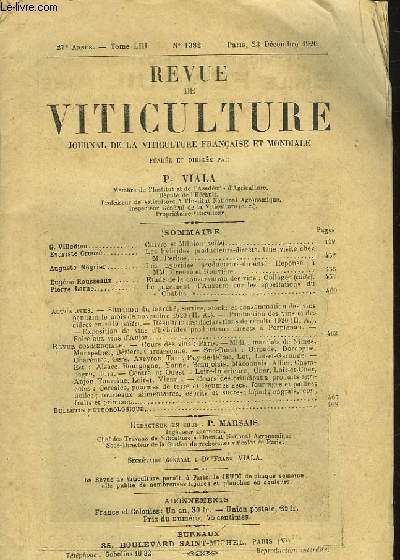 REVUE DE VITICULTURE - JOURNAL DE LA VITICULTURE FRANCAIS ET MONDIALE - 27 ANNEE - TOME 53 - N1382
