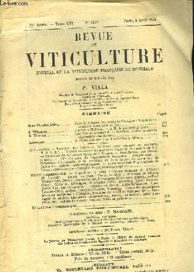 REVUE DE VITICULTURE - JOURNAL DE LA VITICULTURE FRANCAIS ET MONDIALE - 29° ANNEE - TOME 56 - N°1449