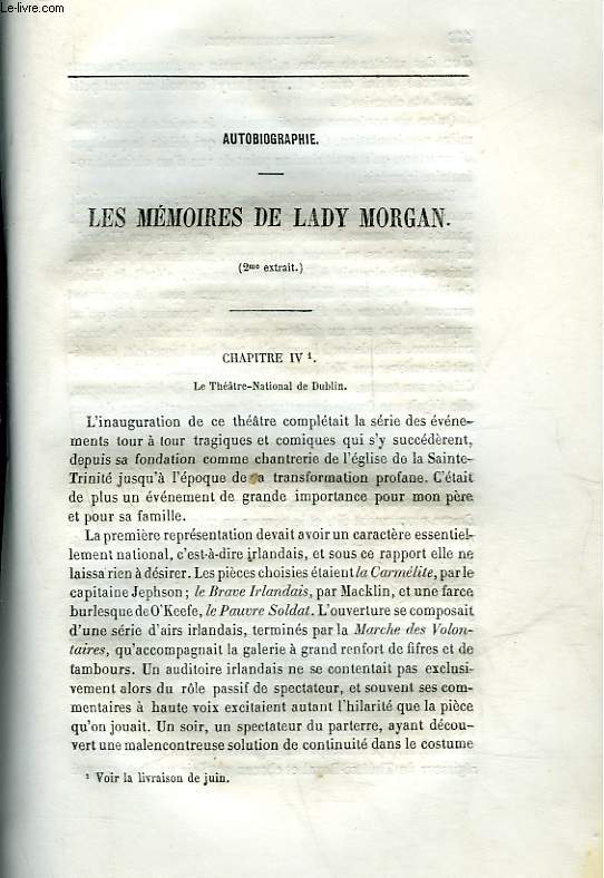 EXTRAIT DE LA REVUE BRITANNIQUE - AUTOBIOGRAPHIE - LES MEMOIRES DE LADY MORGAN - 2 EXTRAIT