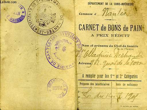 COMMUNE DE NANTE - CARNET DE BONS DE PAIN A PRIX REDUIT