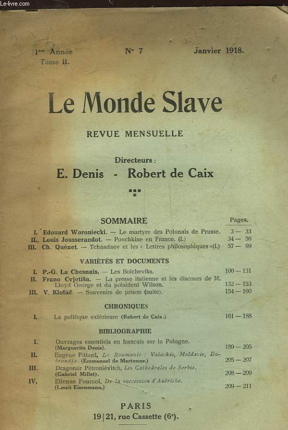 LE MONDE SLAVE - REVUE MENSUELLE - 1 ANNEE - TOME 2 - N7