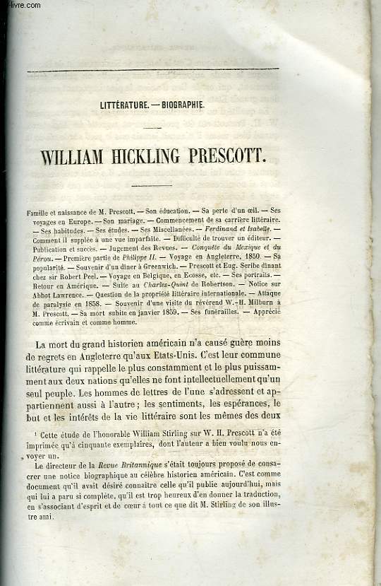 EXTRAIT DE LA REVUE BRITANNIQUE - LITTERATURE - BIOGRAPHIE - WILLIAM HICKLING PRESCOTT