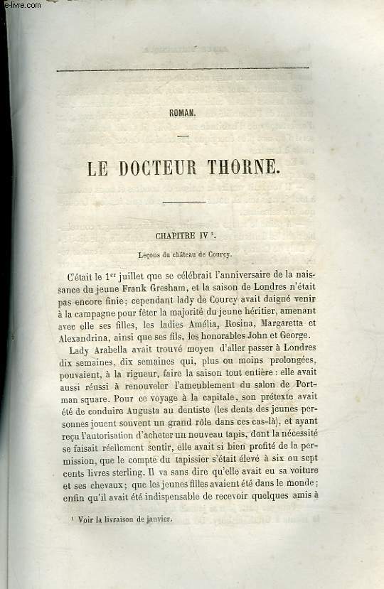 EXTRAIT DE LA REVUE BRITANNIQUE - ROMAN - LE DOCTEUR THORNE