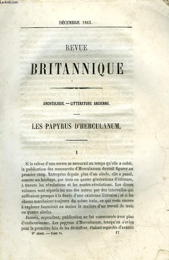 EXTRAIT DE LA REVUE BRITANNIQUE - ARCHEOLOGIE - LITTERATURE ANCIENNE - LES PAPYRUS D4HERCULANIUM