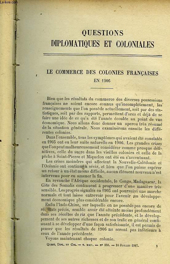 EXTRAIT DE QUESTIONS DIPLOMATIQUES ET COLONIALES - TOME 24 - N250 - LE COMMERCE DES COLONIES FRANCAISES EN 1906