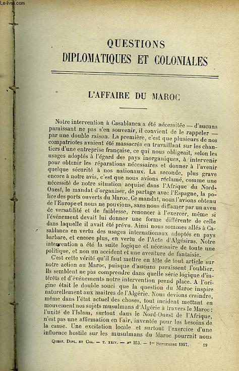 EXTRAIT DE QUESTIONS DIPLOMATIQUES ET COLONIALES - TOME 24 - N253 - L'AFFAIRE DU MAROC - LA REPUBLIQUE ARGENTINE - LE COMMERCE COLONIAL ET SES AUXILIAIRES