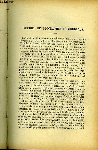 EXTRAIT DE QUESTIONS DIPLOMATIQUES ET COLONIALES - TOME 24 - N253 - LE CONGRES DE GEOGRAPHIE DE BORDEAUX - CHRONIQUES DE LA QUINZAINE : LES AFFAIRES DU MAROC - RENSEIGNEMENTS POLITIQUES