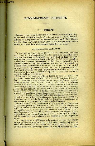 EXTRAIT DE QUESTIONS DIPLOMATIQUES ET COLONIALES - TOME 24 - N255 - RENSEIGNEMENTS POLITIQUES