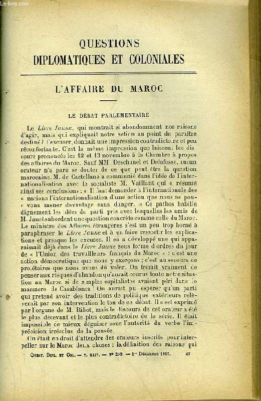 EXTRAIT DE QUESTIONS DIPLOMATIQUES ET COLONIALES - TOME 24 - N259 - QUESTIONS DIPLOMATIQUES ET COLONIALES - L'AFFAIRE DU MAROC - L'OEUVRE DE M. ROUME - 6 ANNEE DE GOUVERNEMENT EN AFRIQUE OCCIDENTALE