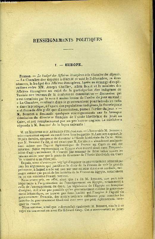 EXTRAIT DE QUESTIONS DIPLOMATIQUES ET COLONIALES - TOME 24 - N259 - RENSEIGNEMENTS POLITIQUES