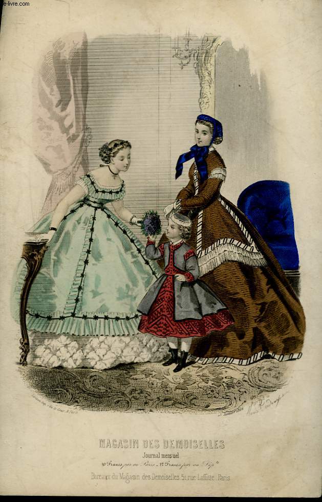 1 GRAVURE EN COULEURS - DEUX DAMES ET UN ENFANT