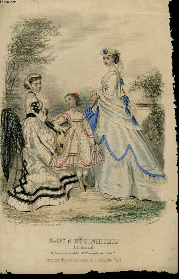 1 GRAVURE EN COULEURS - DAME DANS JARDIN AVEC UNE FILLE CORDE A SAUTER