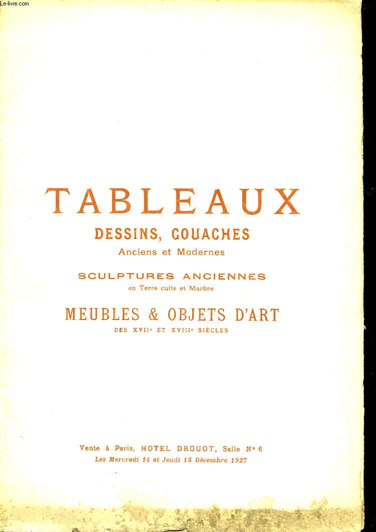 CATALOGUE DES TABLEAUX MODERNES AQUARELLES, PASTELS ET DESSINS - TABLEAUX, GOUACHES, DESSINS ANCIENS...