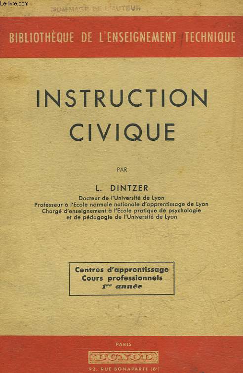 INSTRUCTION CIVIQUE - CENTRE D'APPRENTISSAGE, COURS PROFESSIONNELS, 1 ANNEE
