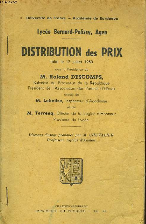 DISTRIBUTION DES PRIX - DISCOURS D'USAGE PRONONCE PAR M. CHEVALIER