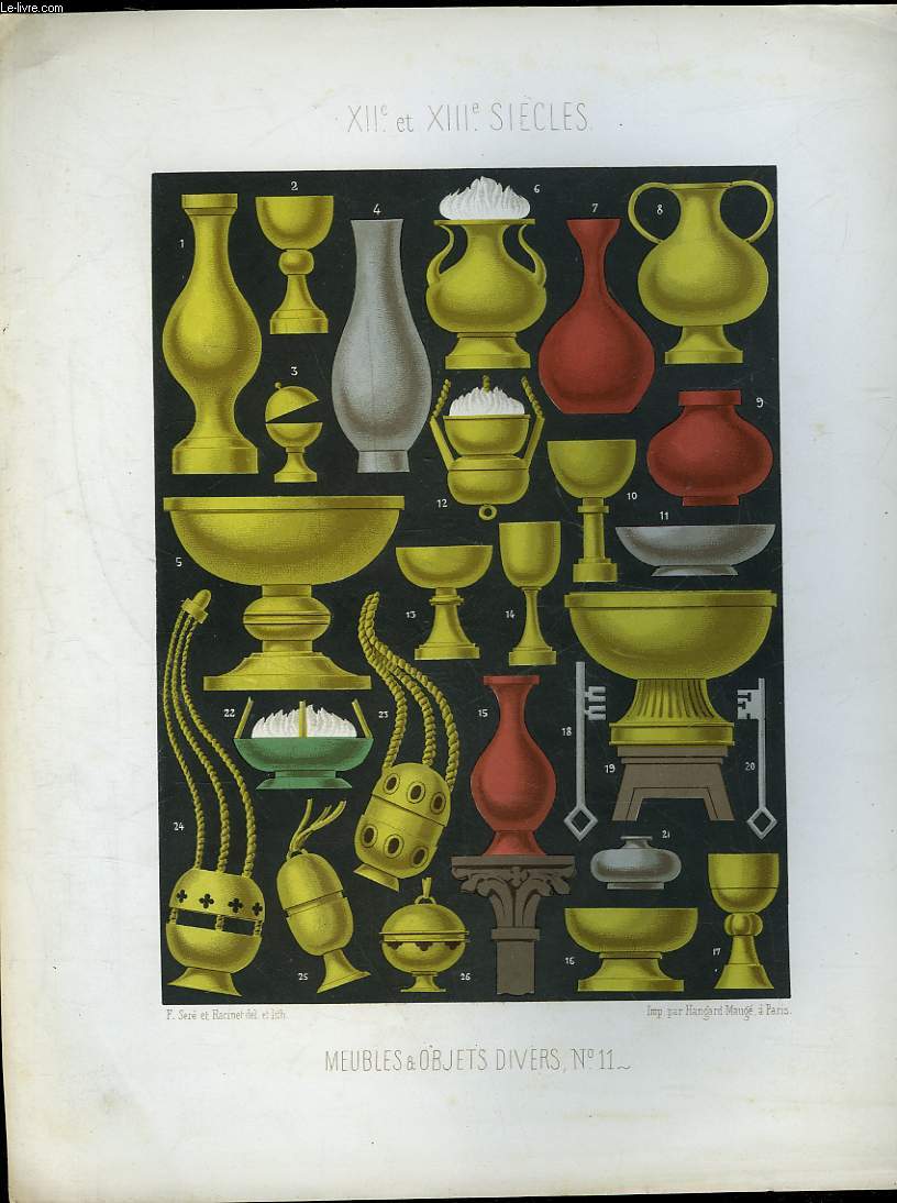 1 GRAVURE 19 COULEURS - MEUBLE ET OBJETS DIVERS N11 - 12 ET 13 SIECLE