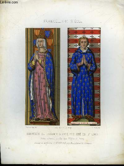 1 GRAVURE 19 COULEURS - FRANCE 13 SIECLE - MARGUERITE DE PROVENCE ET LOUIS FILS AINE DE ST LOUIS