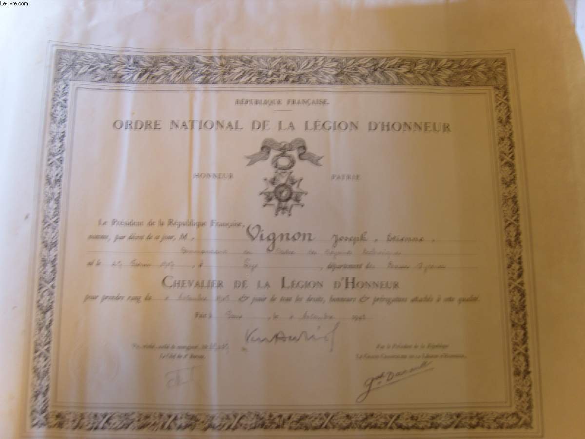 1 DIPLOME - ORDRE DE LA LEGION D'HONNEUR