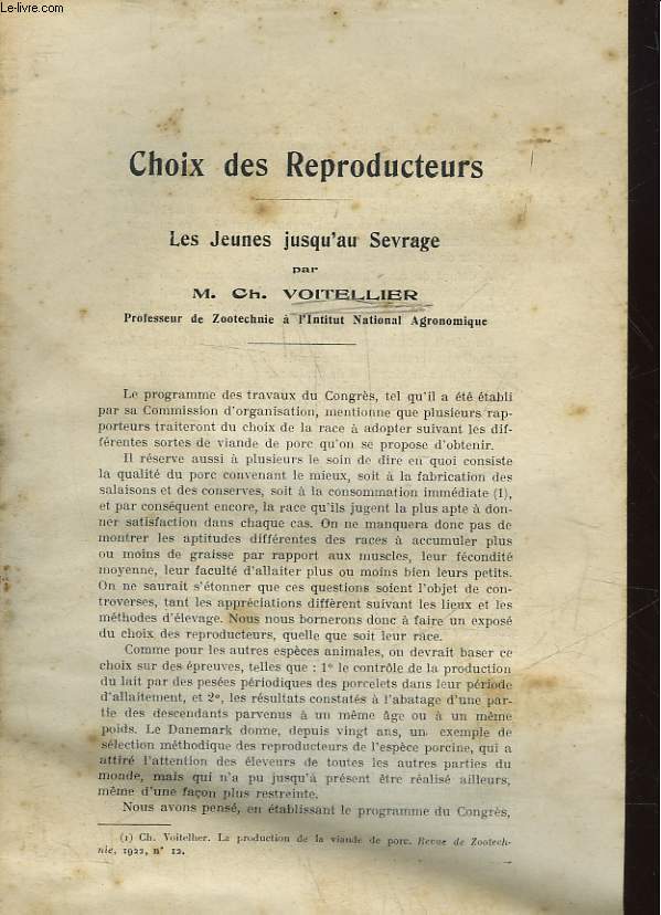 CHOIX DES REPRODUCTEURS - LES JEUNE JUSQU'AU SEVRAGE