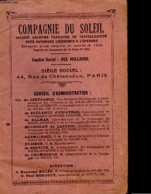 COMPAGNIE DU SOLEIL - SOCIETE ANONYME FRANCAISE DE CAPITALISATION POUR FAVORISER L'ECONOMIE ET L'EPARGNE