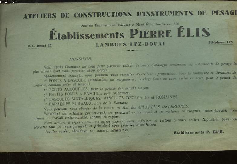 ETABLISSEMENT PIERRE ELIS - ATELIERS DE CONSTRUCTION D'INSTRUMENTS DE PESAGE